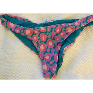 Beach Bunny Teal Pink‎ Leopard Print Ruched Swim Bikini Bottom small